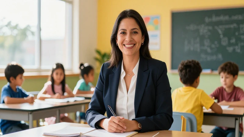 Profesora mexicana sonriente enseña a niños en clase