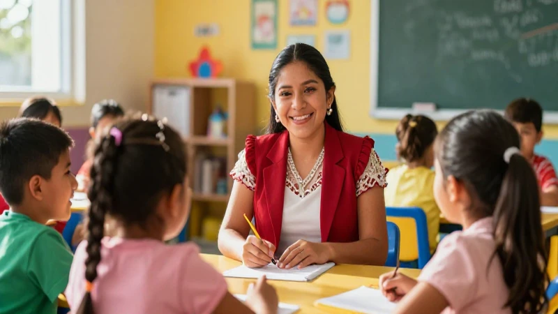 Maestra mexicana y niños jugando feliz
