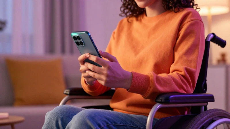 Persona con discapacidad, luz cálida, móvil moderno