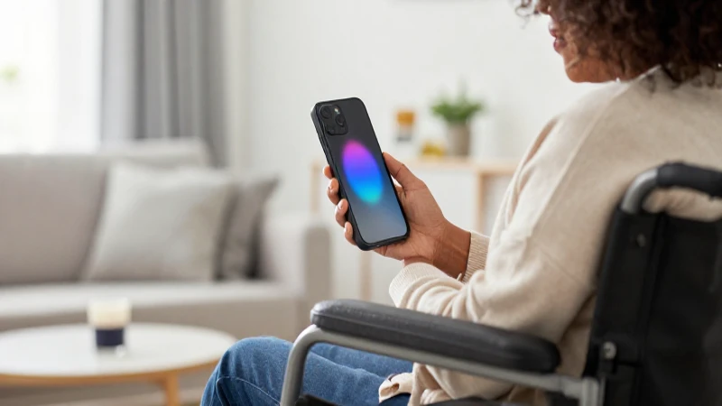 Persona con discapacidad usa teléfono accesible en interiores modernos