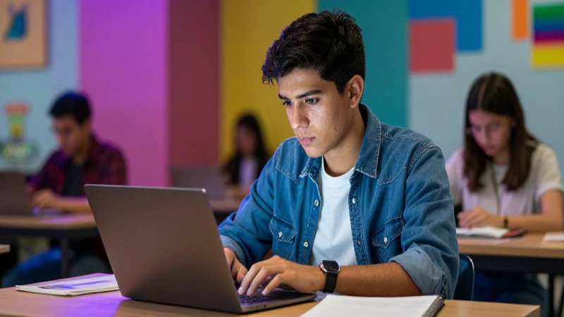 Estudiante mexicano concentrado en la laptop