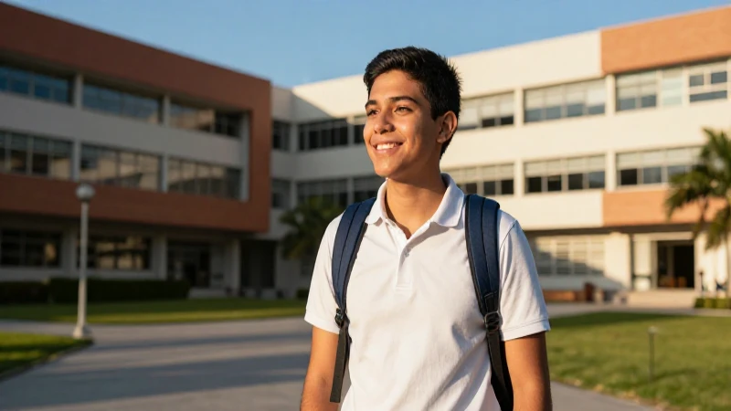 Joven mexicano sonríe en campus universitario moderno