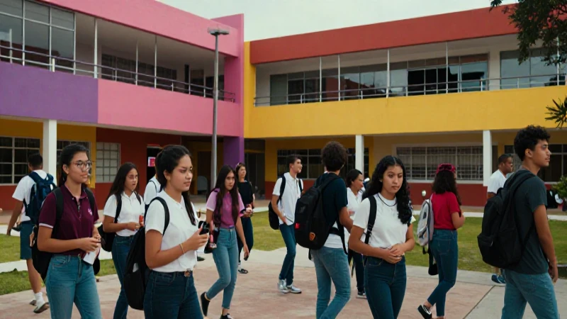 Campus escolar moderno mexicano, estudiantes diversos, éxito