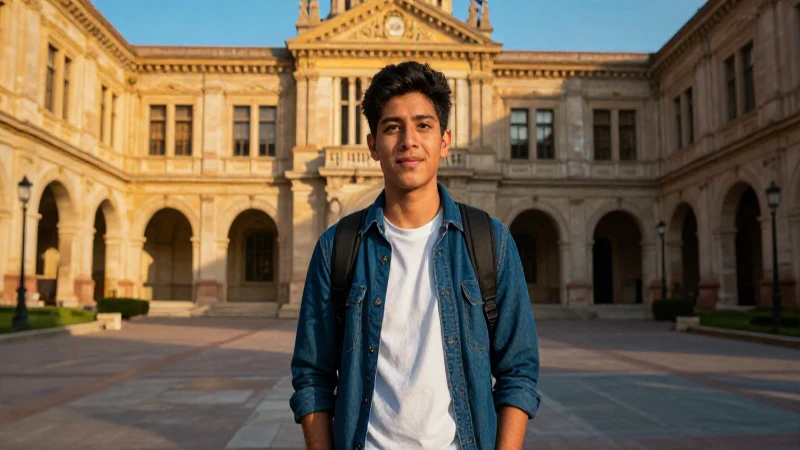 Estudiante mexicano brillante en un campus dorado