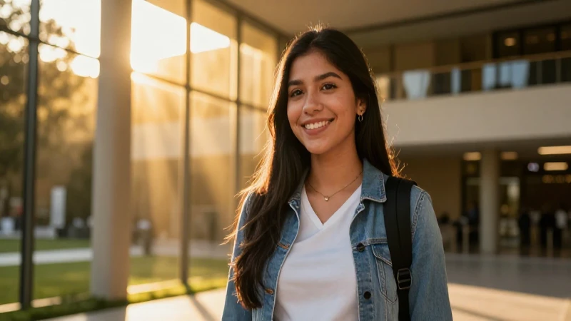 Estudiante mexicana sonríendo en campus brillante