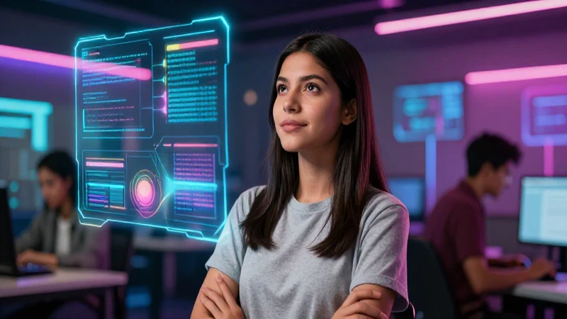 Joven estudioso mexicano en entorno tecnológico vibrante