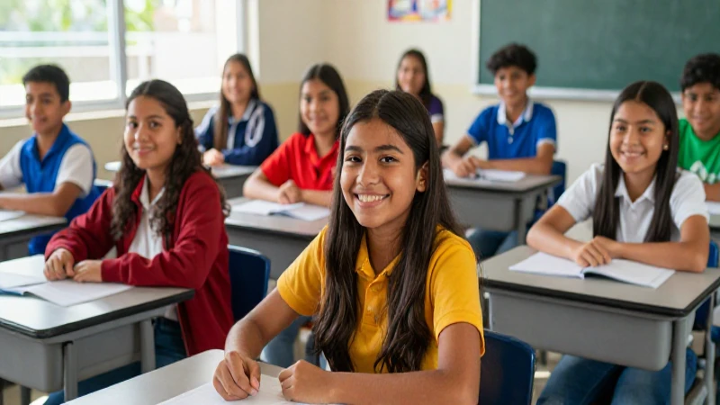 Estudiantes mexicanos sonriendo en un aula moderna y luminosa
