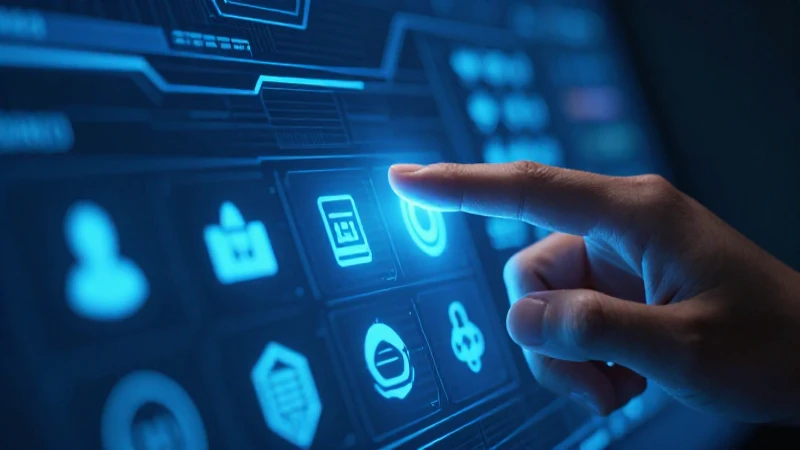Manos seleccionan icono brillante en interfaz cibernética
