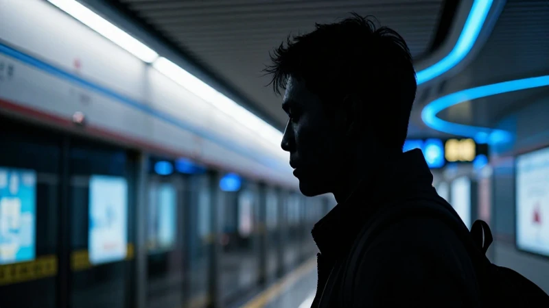 Viajero futurista en estación de metro con neón azul