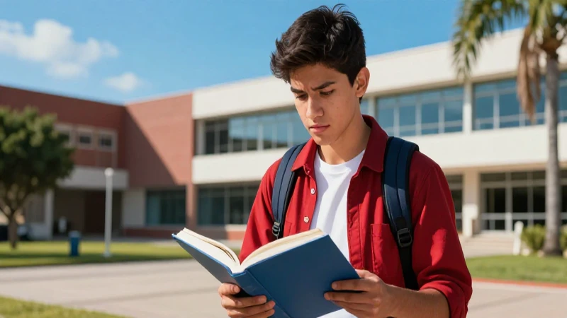 Estudiante mexicano concentrado en campus moderno