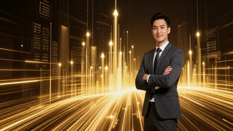 Joven profesional frente a tecnología financiera brillante