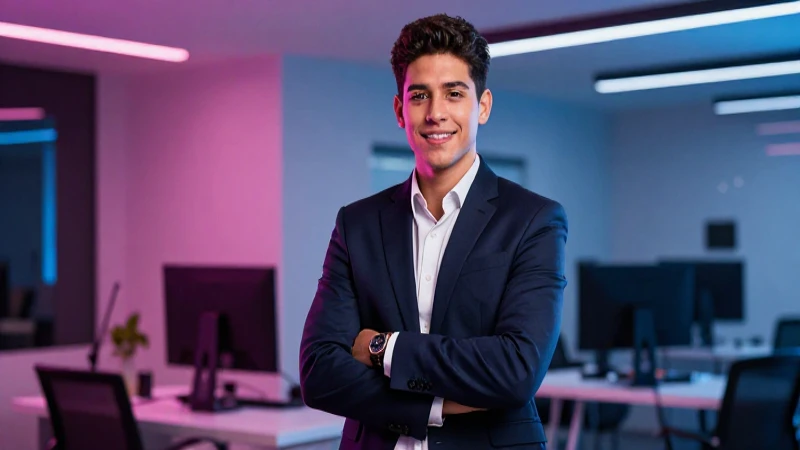 Joven profesional mexicano en ascenso en oficina moderna