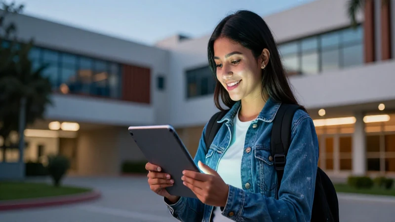 Estudiante mexicano mira tablet en campus dinámico