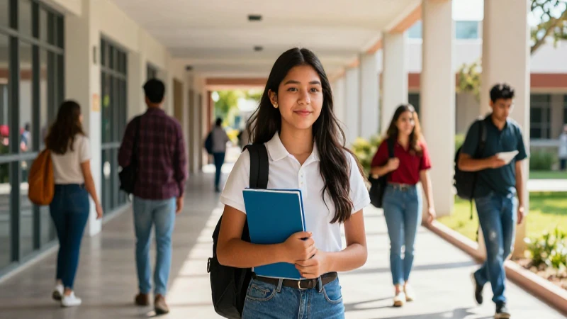 Estudiante mexicano exitoso en campus moderno