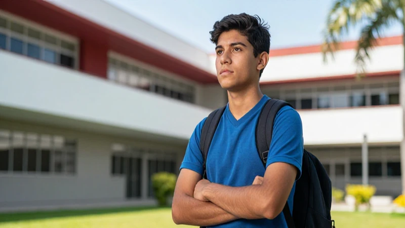 Joven mexicana estudia en campus universitario luminoso