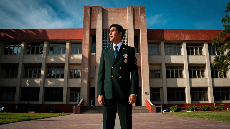 Estudiante mexicano en campus moderno y dramático