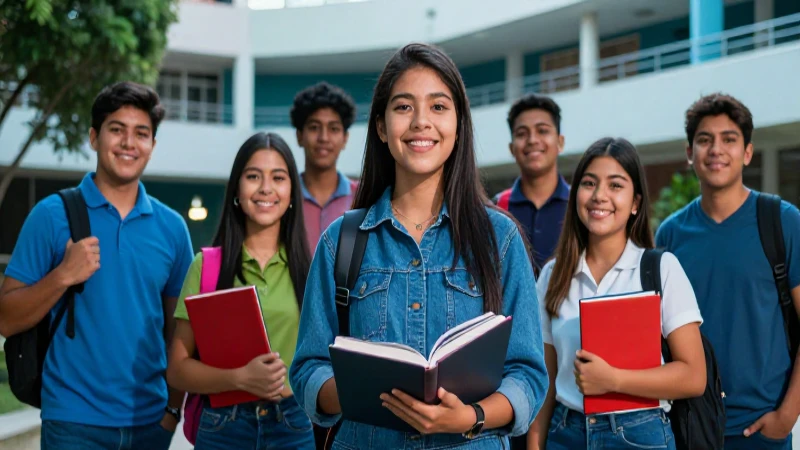 Estudiantes mexicanos vibrantes en campus moderno