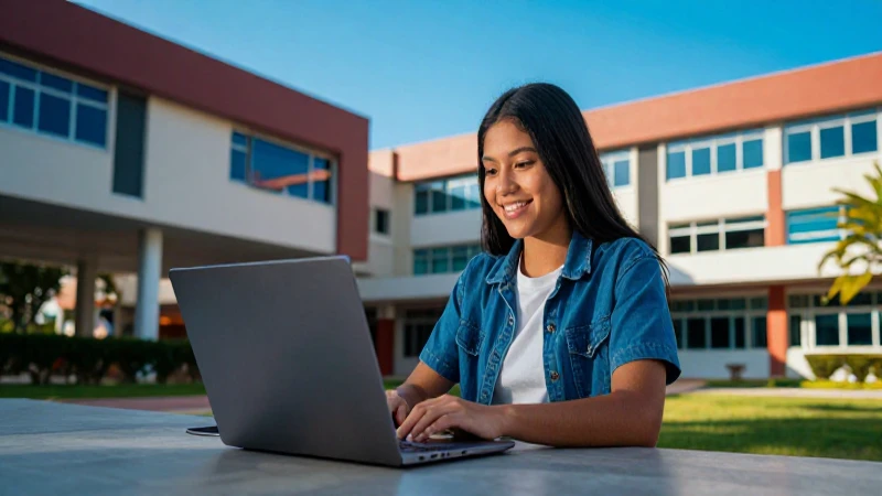Estudiante mexicano sonriente trabajando en una laptop