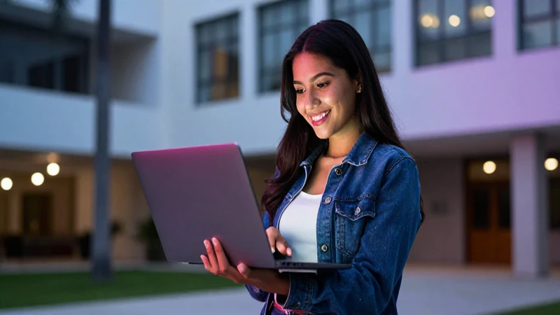 Joven mexicana sonríe con laptop en campus