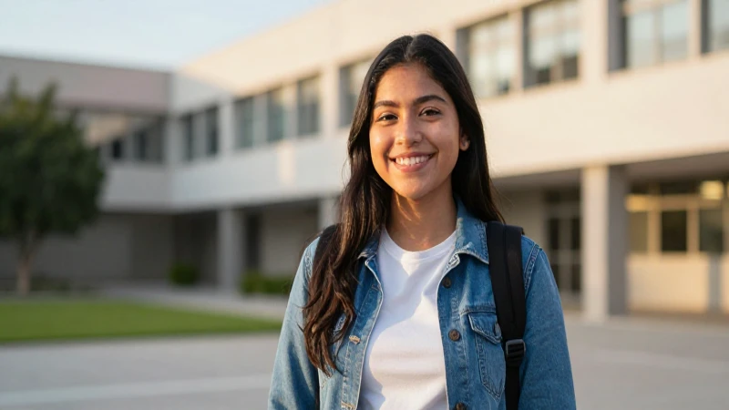 Estudiante mexicana sonriendo en campus moderno