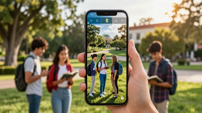 Joven mexicano navegando en campus al atardecer