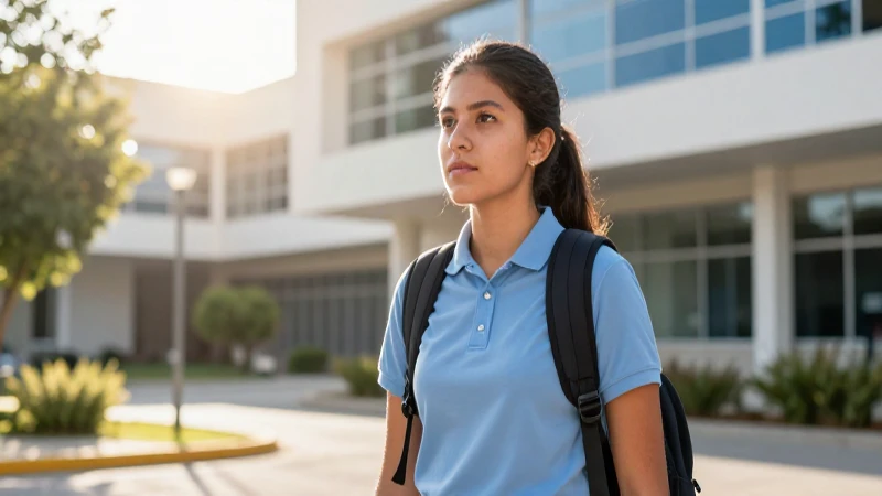 Estudiante mexicano determinado en campus moderno y brillante