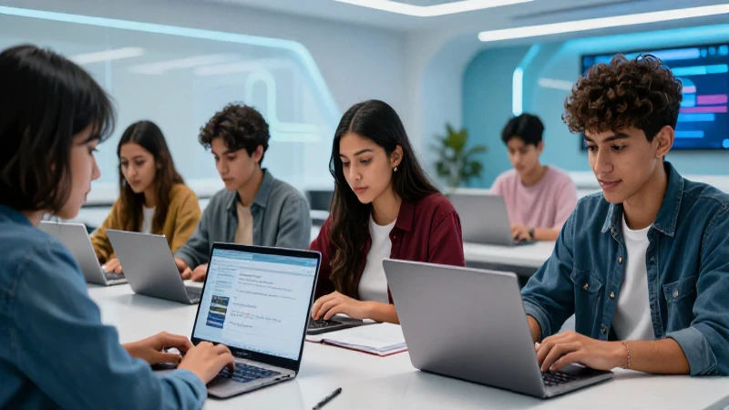 Estudiantes mexicanos en aula futurista con portátiles