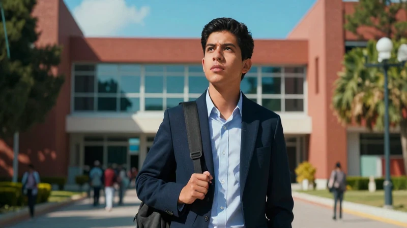 Estudiante mexicano moderno, campus vibrante, cinemático