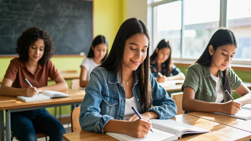 Estudiante mexicano sonriente en aula moderna y vibrante