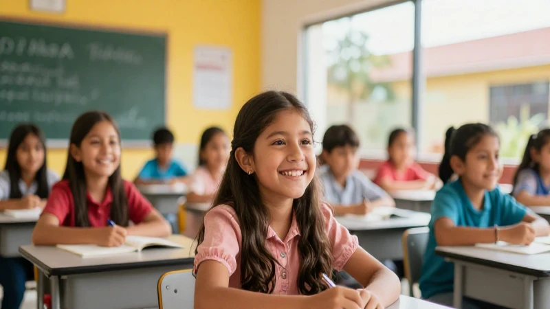 Niños mexicanos sonrientes en aula luminosa