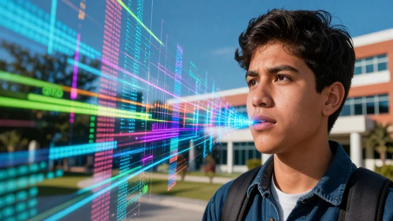 Joven mexicana determinada rodeada de código digital