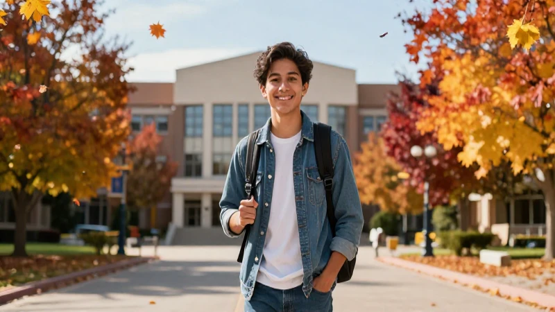 Estudiante sonriente en campus otoñal moderno