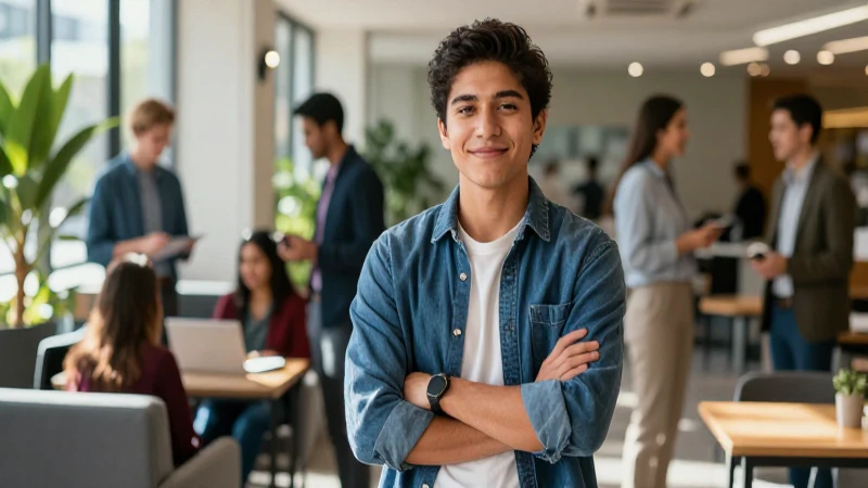 Estudiante mexicano profesional en lounge universitario moderno