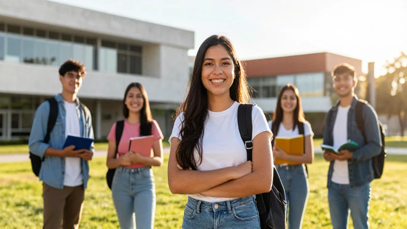 Joven mexicano sonriente en campus universitario moderno