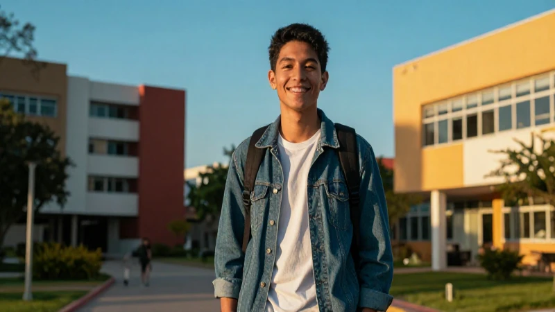 Joven universitario mexicano sonriendo en campus moderno