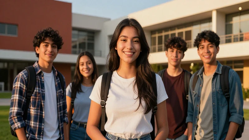 Estudiante sonríe en vibrante campus mexicano al atardecer