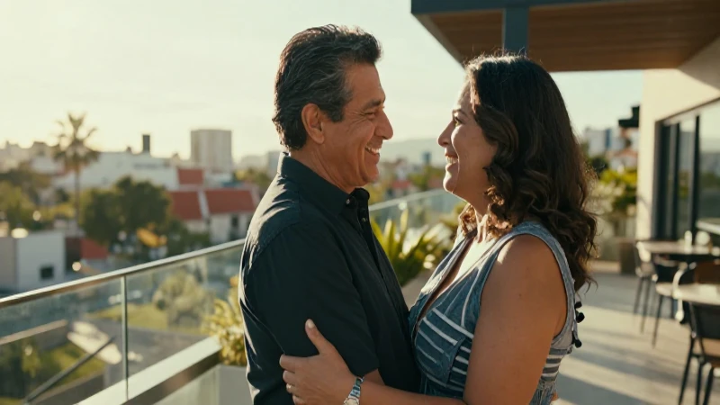 Pareja mexicana feliz abraza en terraza dorada