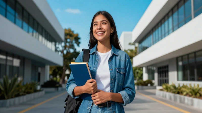Estudiante feliz en campus universitario moderno