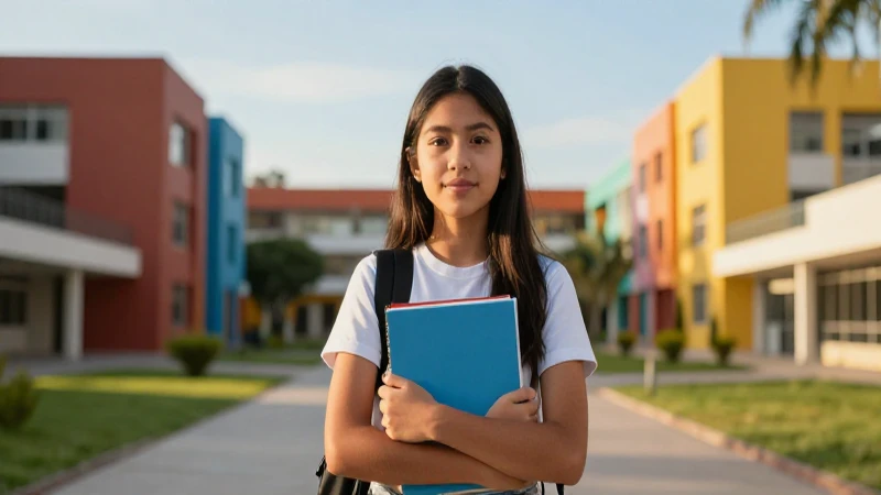 Estudiante mexicano en campus moderno bajo luz dorada