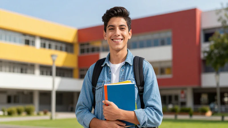 Estudiante sonriente sostiene libro en campus vibrante