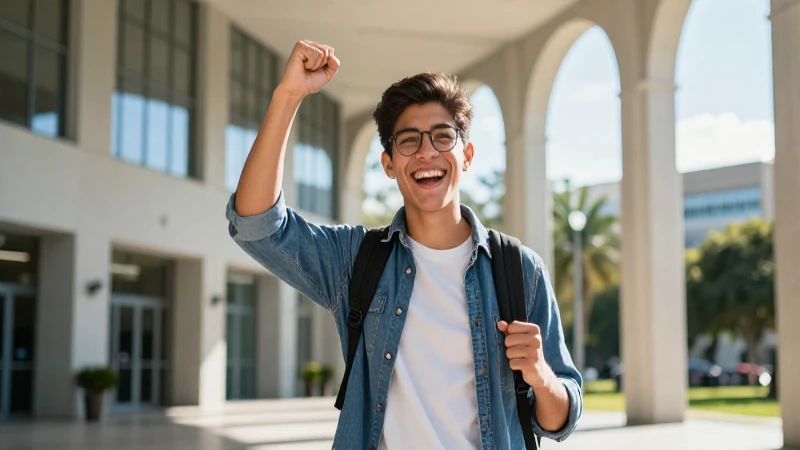 Estudiante mexicano victorioso en campus moderno