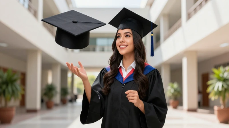 Estudiante mexicano graduándose en campus moderno