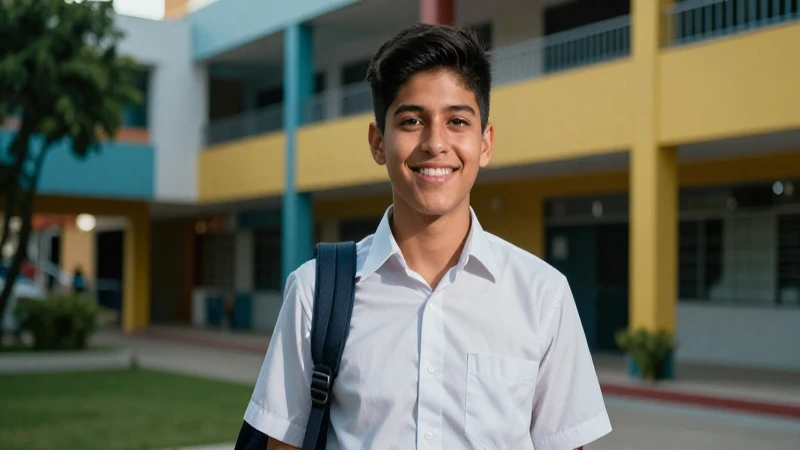 Estudiante mexicano sonriente en campus moderno y profesional