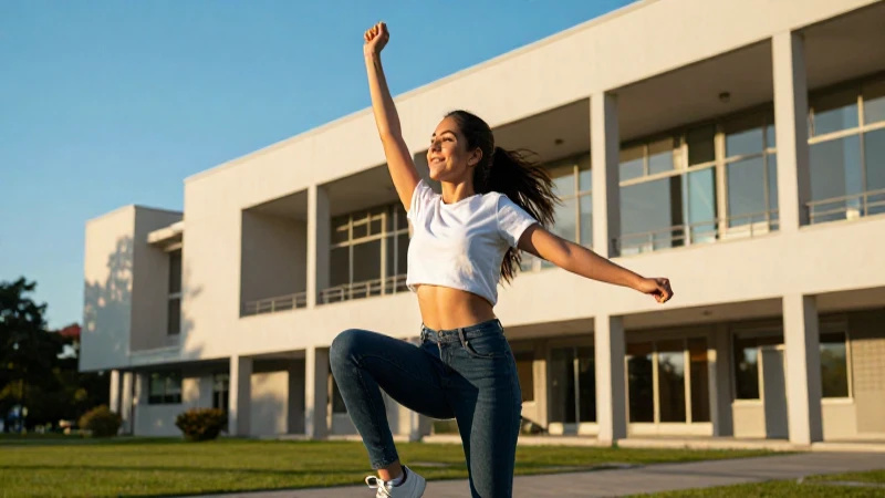 Atleta joven triunfa en campus moderno al atardecer