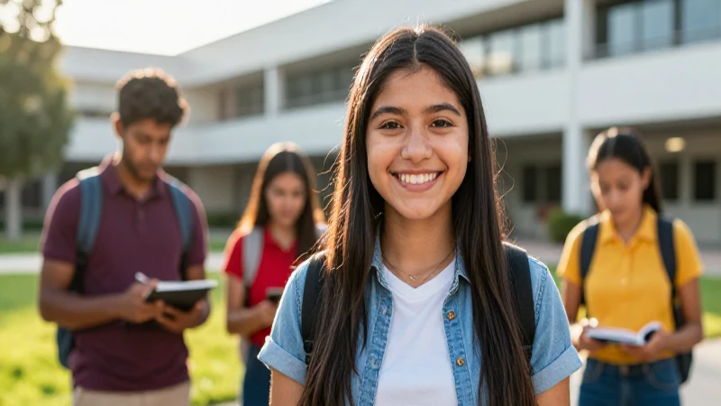 Estudiante sonriente celebra sus logros en el campus moderno