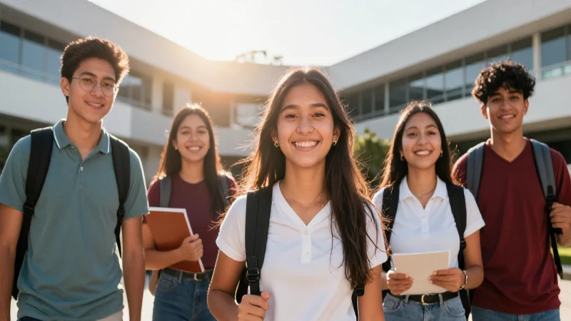 Jóvenes mexicanos felices en campus moderno