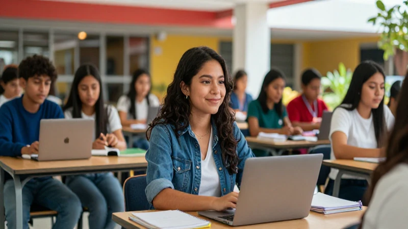 Estudiantes mexicanos en campus moderno y vibrante
