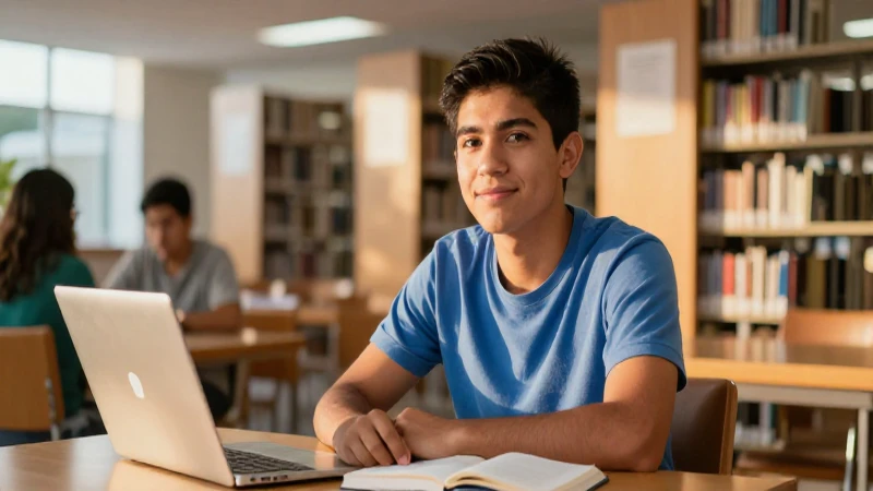 Estudiante mexicano soñador en biblioteca moderna