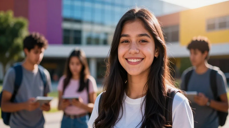 Estudiante mexicano sonriente en campus vibrante