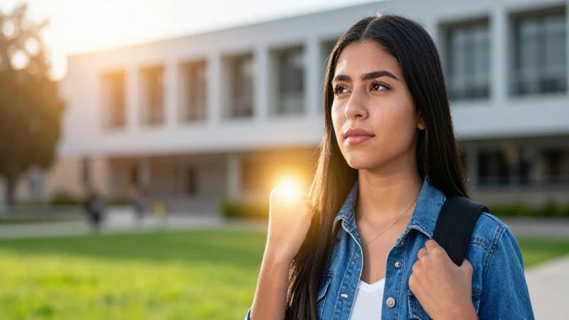 Estudiante mexicano exitoso en campus universitario moderno